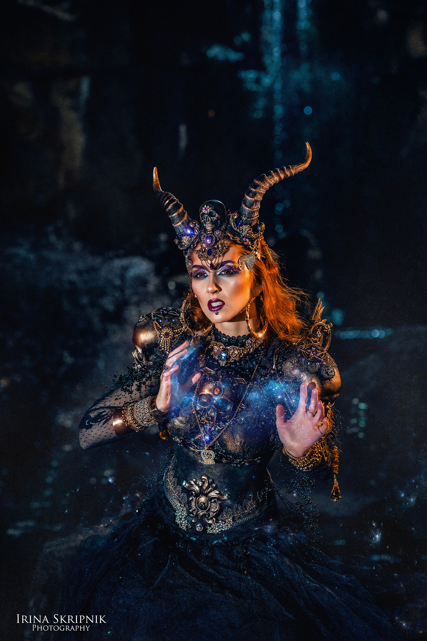 Makeup of the Czech tradition figure Morana featuring curved horns and a skull-embellished crown, created by Vlad Taupesh and Jozef Rarach.